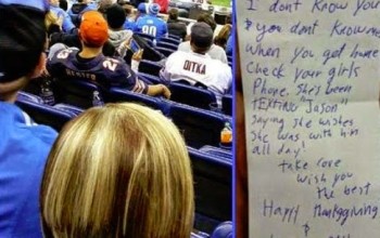 Football fan passes note to man after spotting his girlfriend sending romantic texts to another man during a match