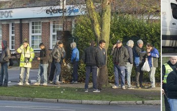 Dawn in suburbia: Up to 200 migrants join queue for work... outside a north-west London bar called the Honeypot 