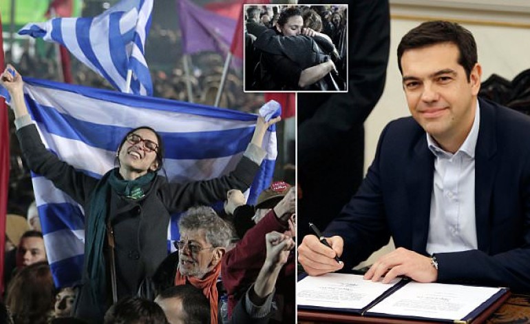 Hours after being voted in on the back of anti-austerity measures, provocative first official act by Greece’s new prime minister is to lay a wreath for soldiers killed by Nazis