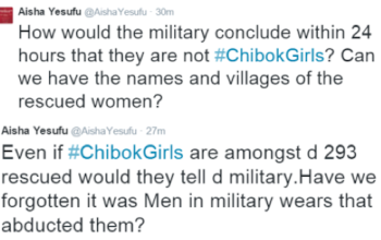BBOG campaigner questions the military's claims that the rescued 200 girls are not #Chibokgirls
