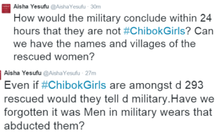 BBOG campaigner questions the military’s claims that the rescued 200 girls are not #Chibokgirls
