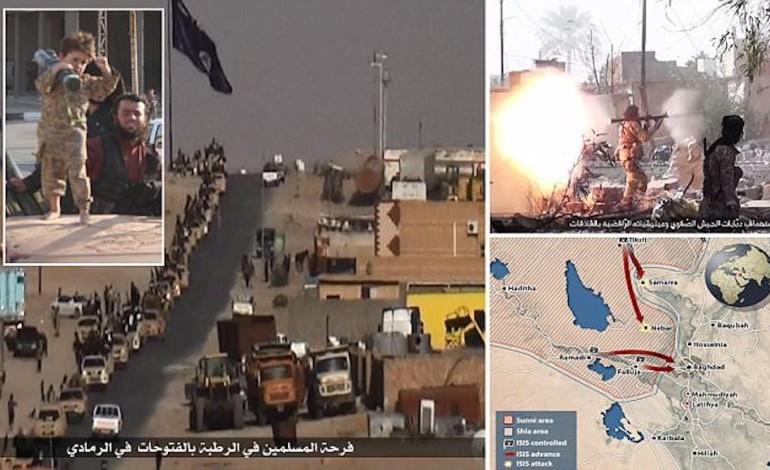 Iraq braced for the Battle of Baghdad: Chilling images show ISIS victory parade after fanatics seize key city of Ramadi – just 60 miles from the capital – in an orgy of violence and beheadings