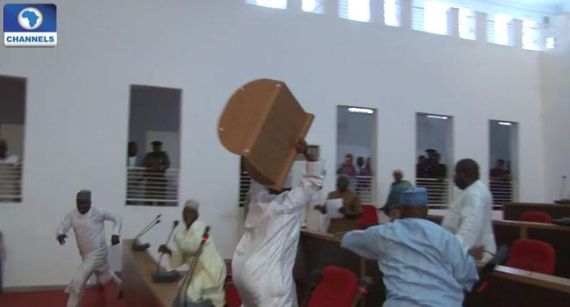 Photo/Video: Nassarawa state lawmakers fight dirty in their chambers over appointment of sole administrators