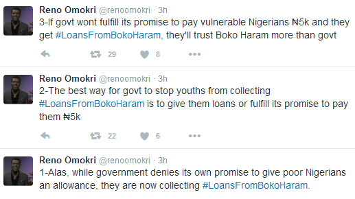 Nigerians now collecting loans from Boko Haram because FG failed to fulfill its N5k promise’ -Reno Omokri