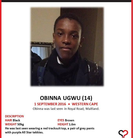 Photo: 14-year-old Nigerian boy missing in Cape Town, South Africa