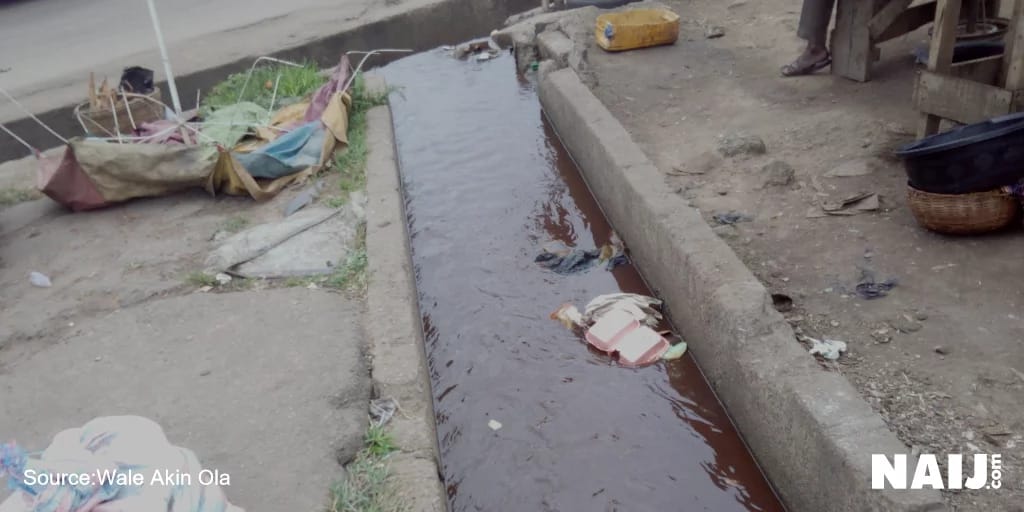 A dirty gutter carrying wastes away from the Lagos abattoir