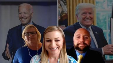 Composite image of Erica, her aunt and her friend in front of Biden and Trump